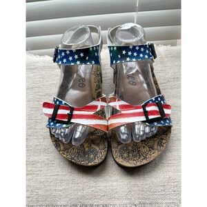 Calceo Patriotic American Flag Sandals Womens 39 US 8.5 9 Cork Footbed Slingback